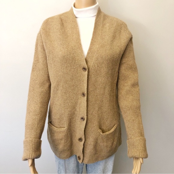 UNIQLO 100% Wool Oversized Minimalist Beige V Neck Sweater Cardigan. Women Large - Picture 16 of 16
